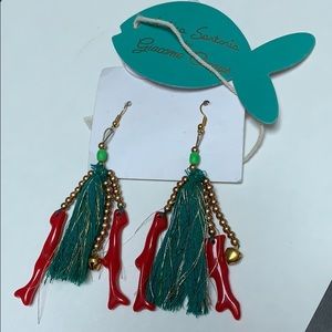 Coral red and green tassel earrings with bells new